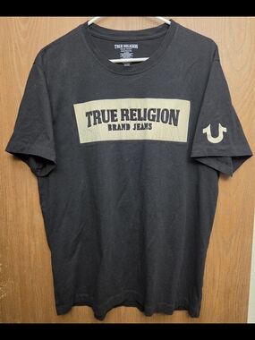 True Religion Black Short Sleeve Logo Tee with Cream Panel